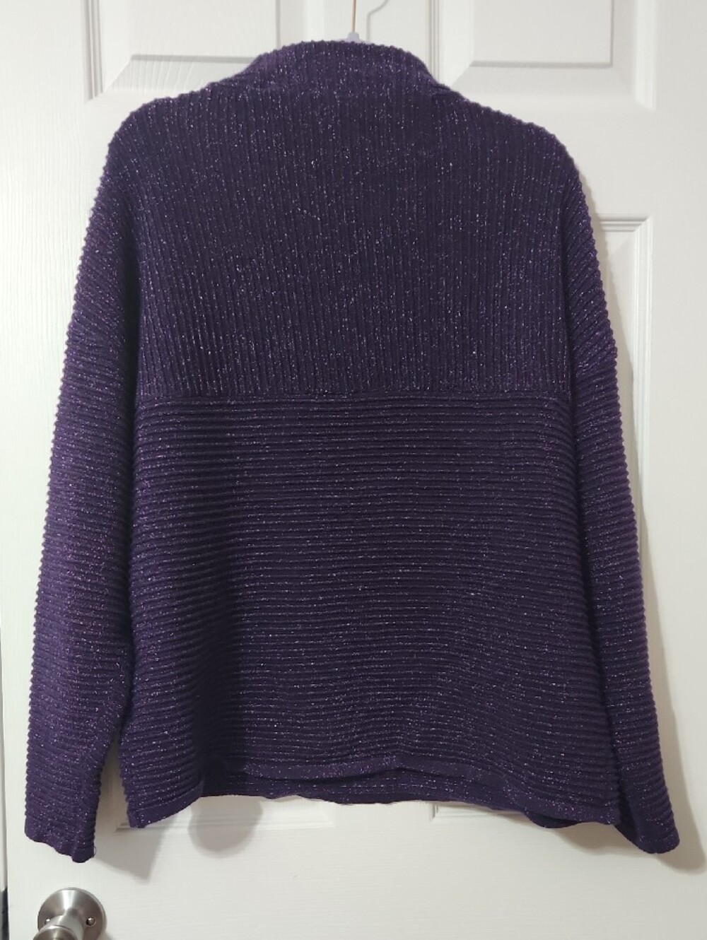 Cozy Fall Holiday Going Out Tahari Purple Metallic Ribbed Turtleneck Sweater - Picture 3 of 6